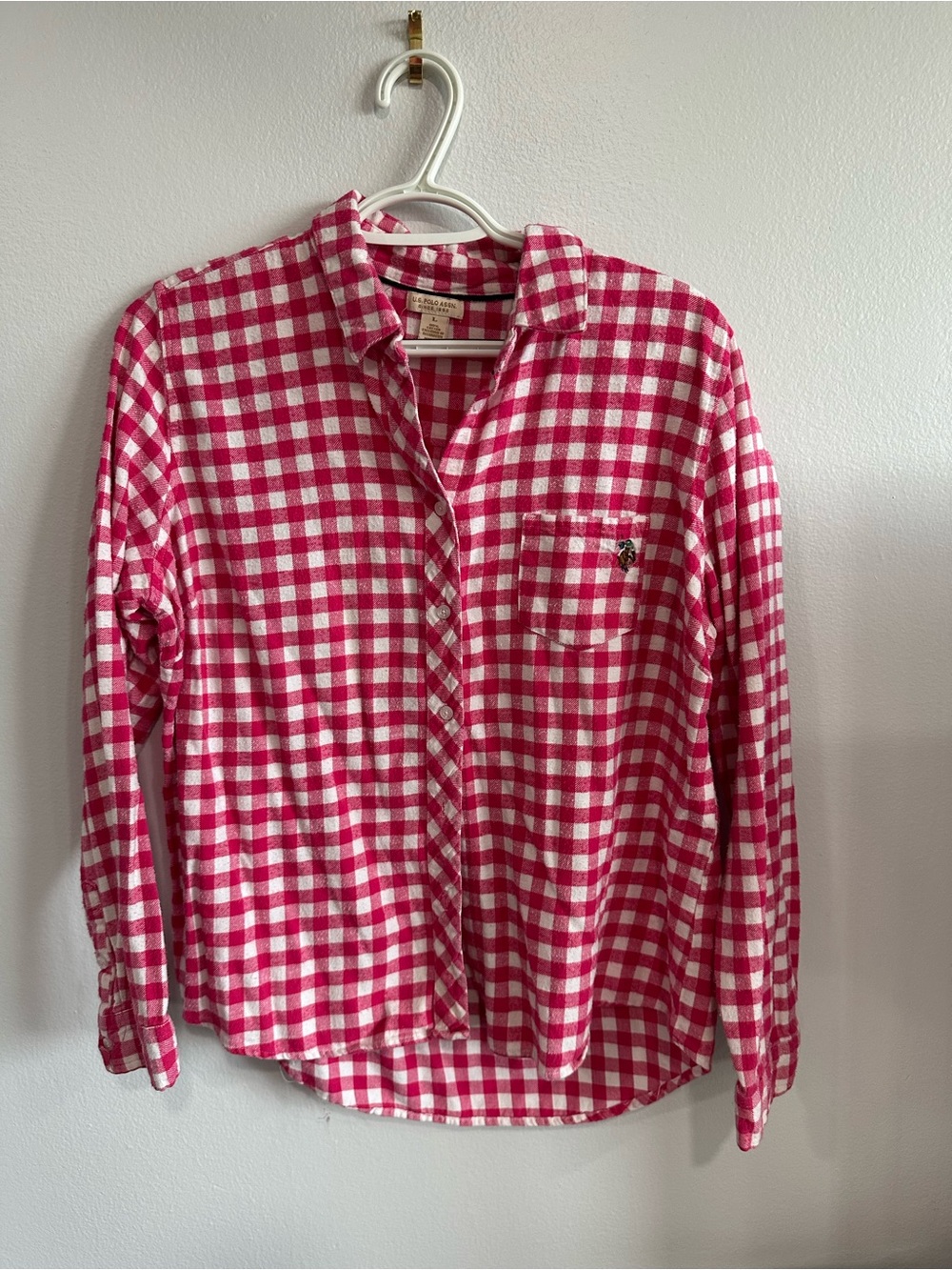 U.S. Polo Assn. Pink White Gingham Button Front Shirt Women’s Large 100% Cotton